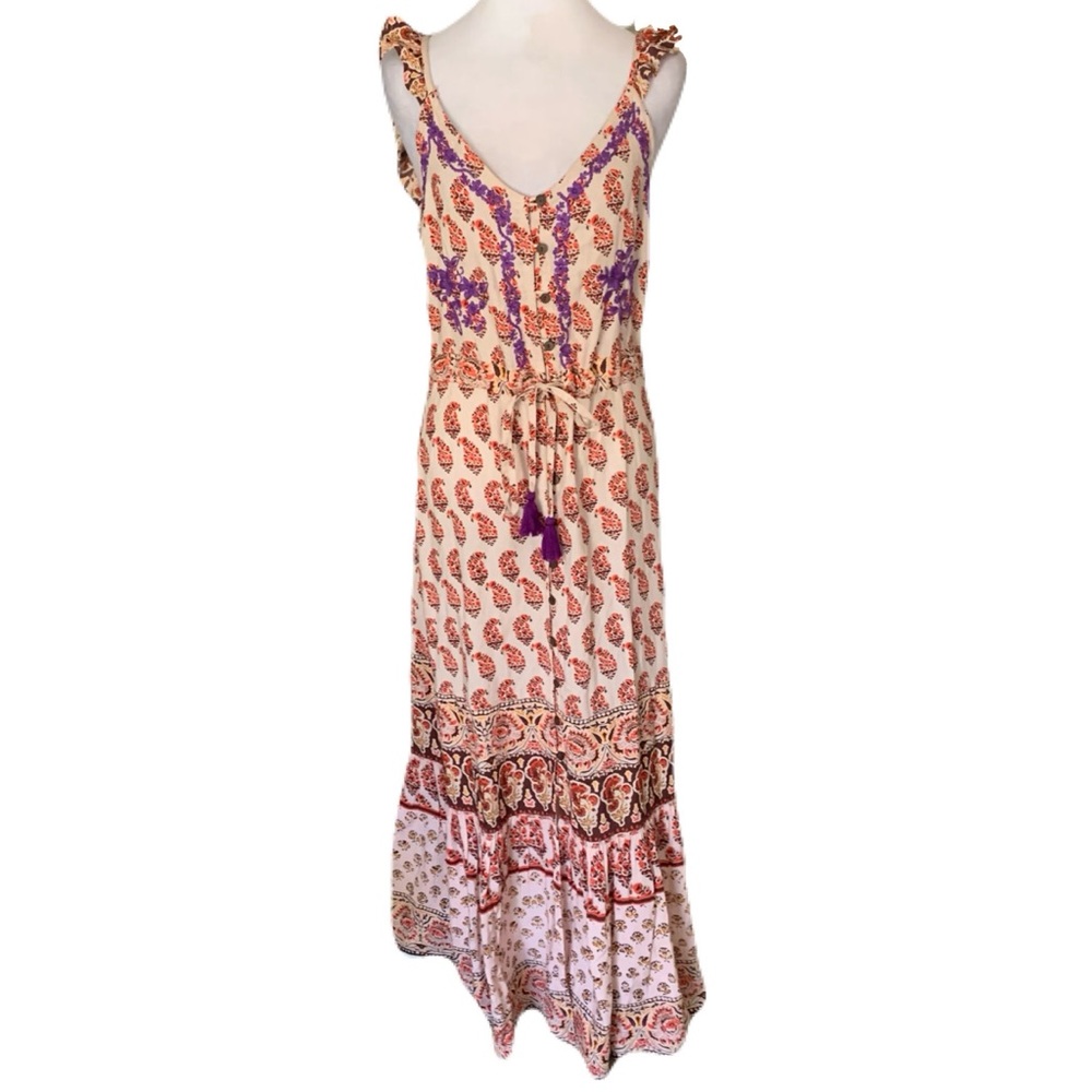 NEW RAGA Small Bohemian Floral Embroidered Print Maxi Dress Tassel Boho Festival